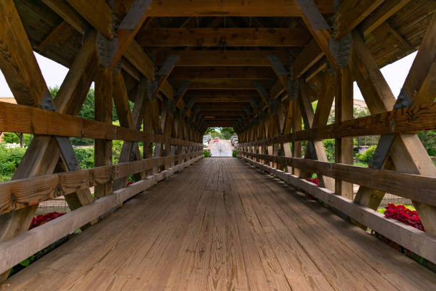 inside a naperville riverwalk covered bridge over the dupage river - dupage imagens e fotografias de stock