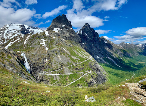 View from the mountains on the famous Trollstigen mountain road in Møre og Romsdal county, Norway