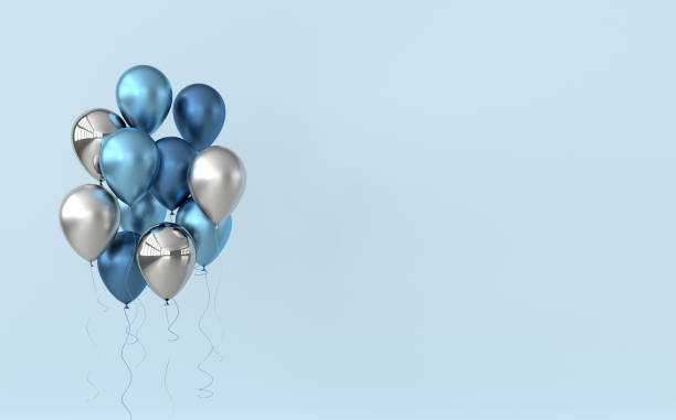 istock Illustration of glossy blue and silver balloons on pastel colored background. Empty space for birthday, party, promotion social media banners, posters. 3d render realistic balloons 1168016401