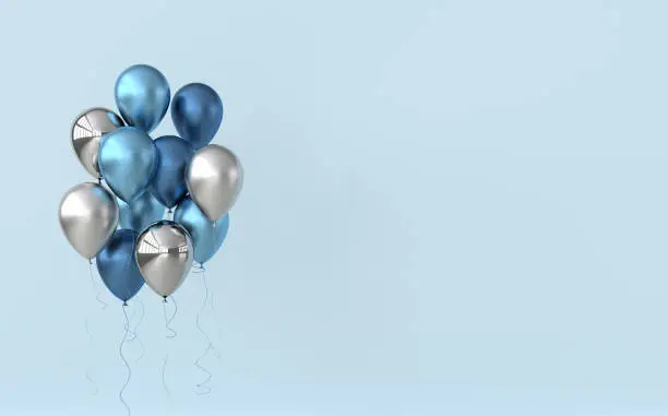 Photo of Illustration of glossy blue and silver balloons on pastel colored background. Empty space for birthday, party, promotion social media banners, posters. 3d render realistic balloons