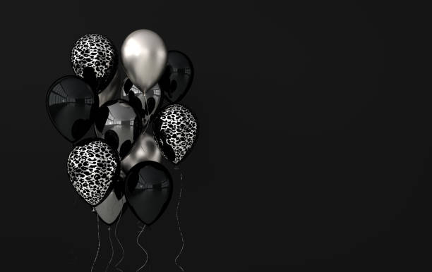 illustration of glossy silver, black and jaguar print balloons on black background. empty space for birthday, party, promotion social media banners, posters. 3d render realistic balloons - 1750 imagens e fotografias de stock