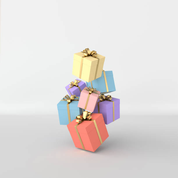 istock 3d rendering of realistic colorful gift box with golden ribbon bow on white studio background. Empty space for party, promotion social media banners, posters. 1168016411