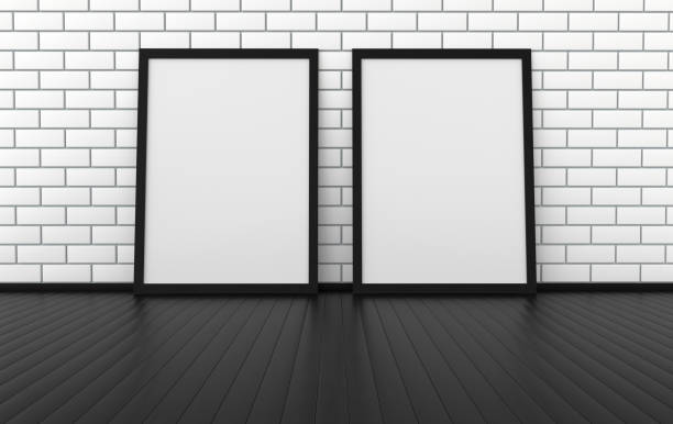 istock Mock up empty poster frame on the wooden floor. Modern interior with white brick wall 3d rendering mockup 1168016412
