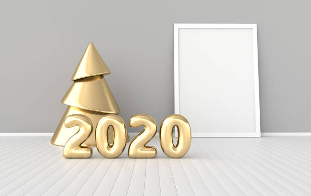 istock New year 2020 celebration interior background. Golden numerals 2020, poster frame and xmas tree. Realistic illustration for New Year's and Christmas banners. 3d render 1168016413