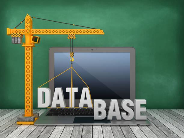 istock Tower Crane and Laptop with DATABASE Word on Chalkboard Background - 3D Rendering 1168016433