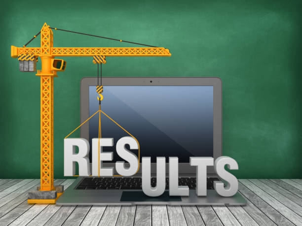 istock Tower Crane and Laptop with RESULTS Word on Chalkboard Background - 3D Rendering 1168016454