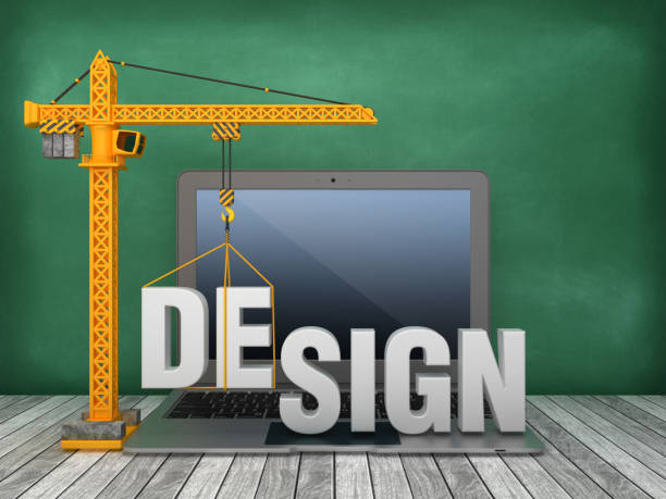 istock Tower Crane and Laptop with DESIGN Word on Chalkboard Background - 3D Rendering 1168016492