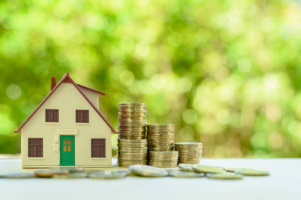 Property investment / reverse mortgage, financial concept : Small home or house model with green door and stacks of rising coins, depicts saving money to buy a new residential asset, human basic needs inversión inmobiliaria / hipoteca inversa, concepto financiero : pequeña casa o casa modelo con puerta verde y pilas de monedas en aumento, representa el ahorro de dinero para comprar un nuevo activo residencial, necesidades básicas humanas