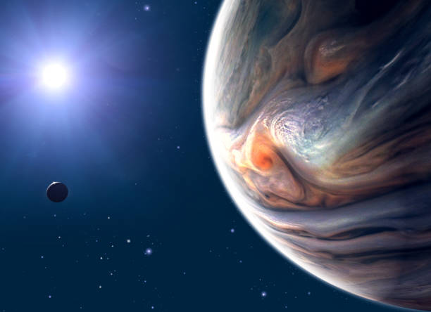 Jupiter and moon, satellite view of the planet and sun. View of a satellite orbiting the planet Jupiter and moon, satellite view of the planet and sun. View of a satellite orbiting the planet. 3d render. Element of this image are furnished by NASA. https://photojournal.jpl.nasa.gov/tiff/PIA22692.tif jupiter stock pictures, royalty-free photos & images
