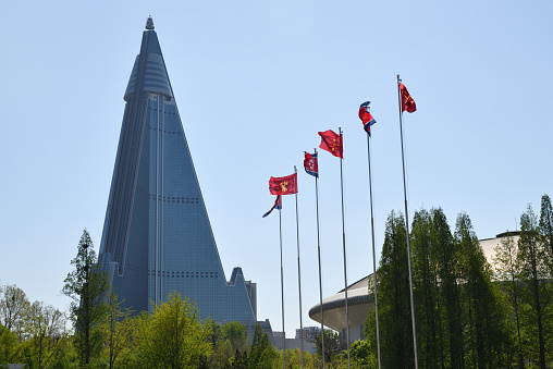 North Korea, Pyongyang - May 2, 2019: View on the Ryugyong Hotel, an unfinished 105-story pyramid-shaped skyscraper, the first tall building in Pyongyang
