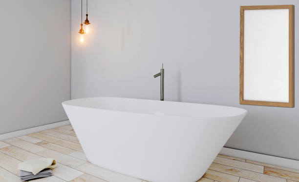 istock large white bath with classic lamps and parquet flooring. gray style minimalism 3D rendering. Blank paintings.  Mockup. 1168028800