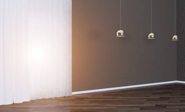 istock empty interior with dark walls and large window. decorative vase with white branches. brown parquet made of natural wood.. Sunset. 3D rendering. 1168029592