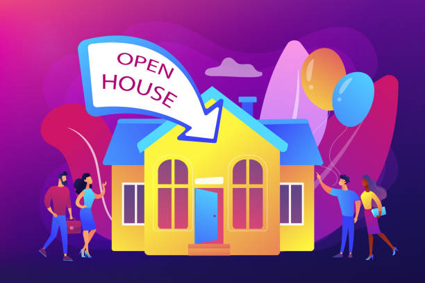 Open house concept vector illustration. People going to housewarming party flat characters. Open house, open for inspection property, welcome to your new home, real estate service concept. Bright vibrant violet vector isolated illustration college dorm party stock illustrations