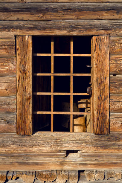istock window with glass in old log in Russia 1168031238