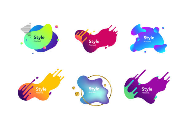 Irregular multicolored abstract elements set Irregular multicolored abstract elements set. Bright dynamic shapes and lines with sample text. Trendy minimal templates for presentations, banners, apps and web pages. Vector illustration colorful page borders stock illustrations