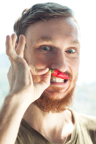 Handsome bearded man bites a red hot chili pepper and smiles.