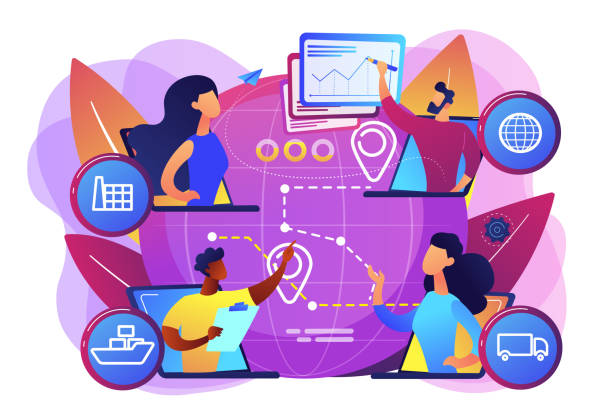 Supply chain management concept vector illustration Global distribution, international cargo freight company. Supply chain management, logistics operations control, streamline your logistics concept. Bright vibrant violet vector isolated illustration aerodynamic stock illustrations