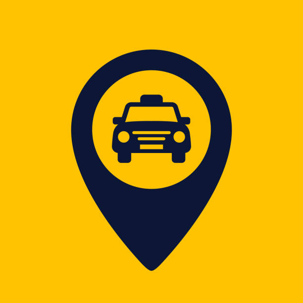 タクシーのアイコン。黄色の背景にピン図形アイコンをマップします。タクシーポイントグリフアイコン。フラット ベクトルイラストレーション。 - industry business street steel点のイラスト素材／クリップアート素材／マンガ素材／アイコン素材
