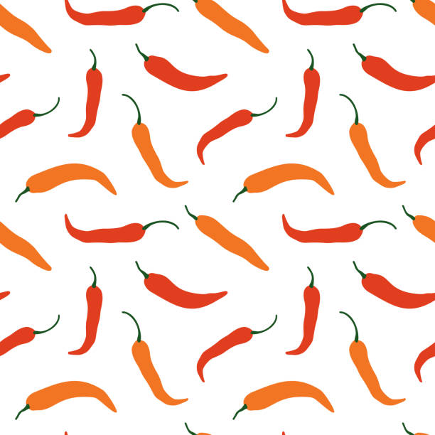 ilustrações de stock, clip art, desenhos animados e ícones de vector chili, cayenne hot pepper background. mexican exotic spicy seamless pattern. hand drawing food illustration, wrap, fabric, textile - chili pepper illustrations