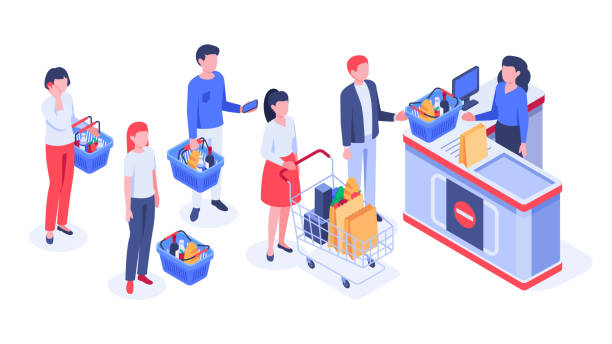 biyometrik süpermarket alımları. sıra bekleyen alıcılar, alışveriş satın alma ve perakende mağaza yazar kasa vektör illüstrasyon - grocery shopping stock illustrations