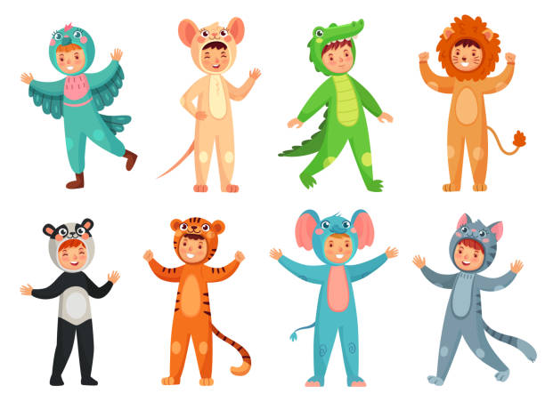 Cartoon baby animal costumes. Cute girl in panda costume, little boy in elephant suit and kids party mascot vector illustration set Cartoon baby animal costumes. Cute girl in panda costume, little boy in elephant suit and kids party mascot. Halloween, pajama or birthday party dress. Isolated vector illustration icons set computer birthday stock illustrations