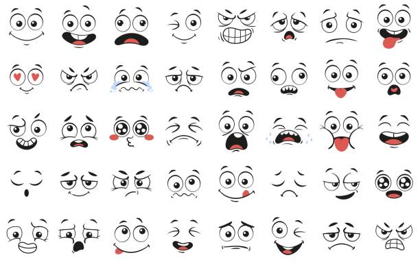 만화 얼굴. 표정있는 눈과 입, 웃고, 울고 놀란 캐릭터 얼굴 표정 벡터 일러스트 세트 - 만화 일러스트 stock illustrations