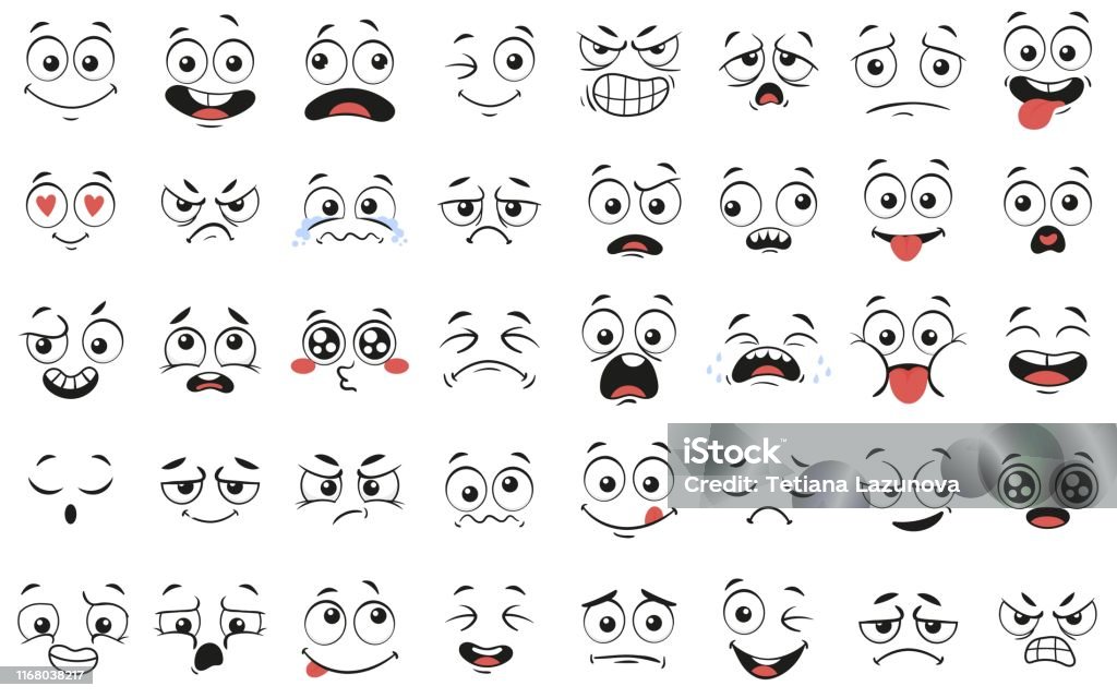 Cartoon faces. Expressive eyes and mouth, smiling, crying and surprised character face expressions vector illustration set Cartoon faces. Expressive eyes and mouth, smiling, crying and surprised character face expressions. Caricature comic emotions or emoticon doodle. Isolated vector illustration icons set Facial Expression stock vector