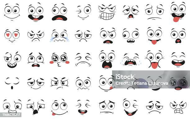 Cartoon Faces Expressive Eyes And Mouth Smiling Crying And Surprised Character Face Expressions Vector Illustration Set Stock Illustration - Download Image Now