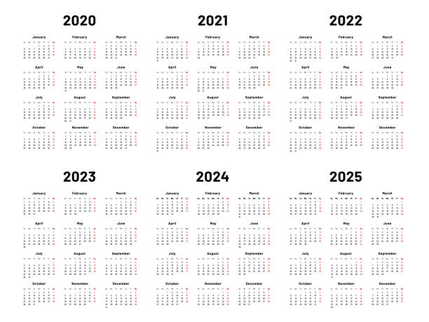 Calendar grid. 2020 2021 and 2022 yearly calendars. 2023, 2024 years organizer and 2025 year weekdays vector illustration set Calendar grid. 2020 2021 and 2022 yearly calendars. 2023, 2024 years organizer and 2025 year weekdays. Business planner, day graphic planning calendar isolated vector illustration set 2024 stock illustrations