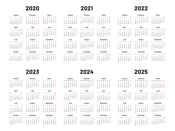 Calendar grid. 2020 2021 and 2022 yearly calendars. 2023, 2024 years organizer and 2025 year weekdays vector illustration set Calendar grid. 2020 2021 and 2022 yearly calendars. 2023, 2024 years organizer and 2025 year weekdays. Business planner, day graphic planning calendar isolated vector illustration set calendar 2022 stock illustrations
