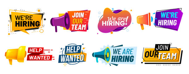 Join our team banners. We are hiring communication poster, help wanted advertising banner with speaker and vacant badge vector set Join our team banners. We are hiring communication poster, help wanted advertising banner with speaker and vacant badge. Hr recruiting hire, vacancy job offer isolated vector signs set help wanted sign stock illustrations