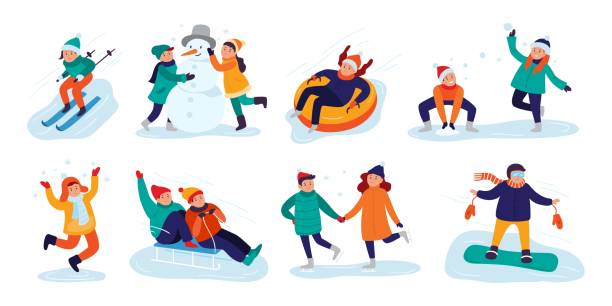 ilustraciones, imágenes clip art, dibujos animados e iconos de stock de actividades para niños de invierno. juegos de nieve, niñas sonrientes y niños en invierno ropa diversión al aire libre vector ilustración conjunto - snowman snow winter fun