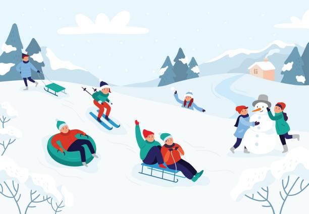 아이들이 썰매 슬라이드를 타고. 눈 풍경, 겨울 눈 놀이 활동 벡터 일러스트 - 미끄러짐 일러스트 stock illustrations