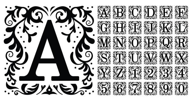 ilustrações, clipart, desenhos animados e ícones de letras do monograma do vintage. letra de capital antiga ornamental decorativa, monogramas velhos do alfabeto e jogo filigrana do vetor da pia batismal - letter o ornate alphabet decoration