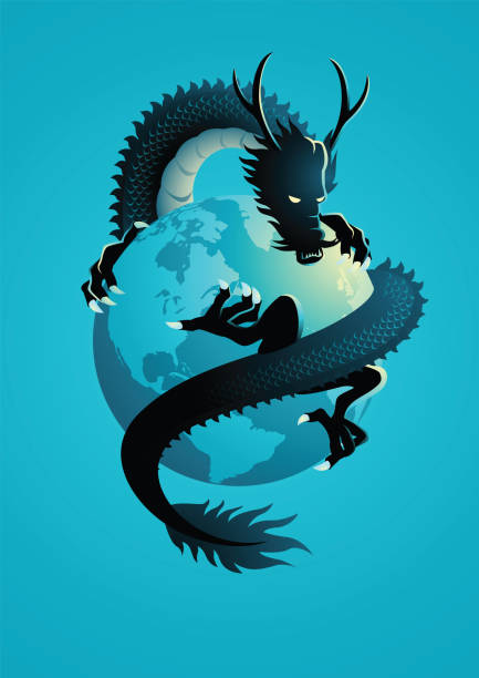 Chinese dragon encircling the world vector art illustration