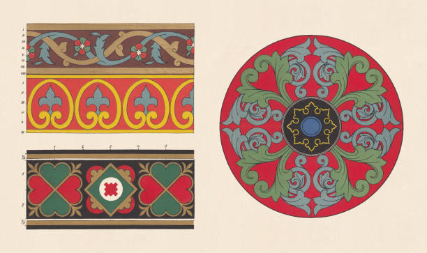 Arabian, pompeian, byzantine, and romanesque ornaments, chromolithograph, published in 1881 Arabian, pompeian, and byzantine (Hagia Sophia, Istambul, Turkey) borders (left side, from top to below). Romanesque stained glass, 13th century (Cathedral Bourges, France, right side). Chromolithograph, published in 1881. byzantine pattern stock illustrations