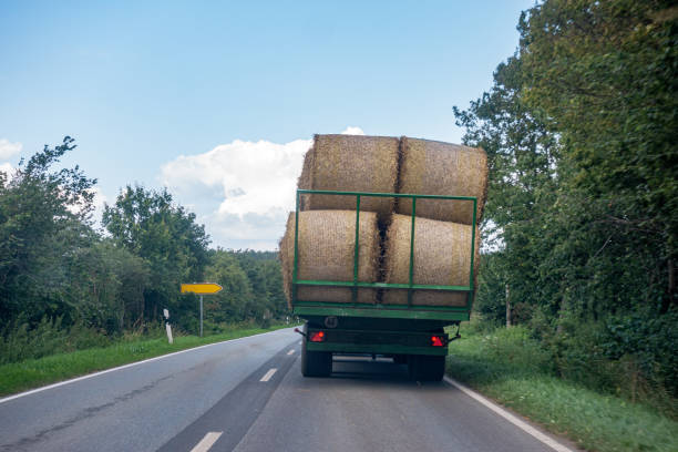 istock a tractor loaded with several straw bales drives over a country road 1168042513
