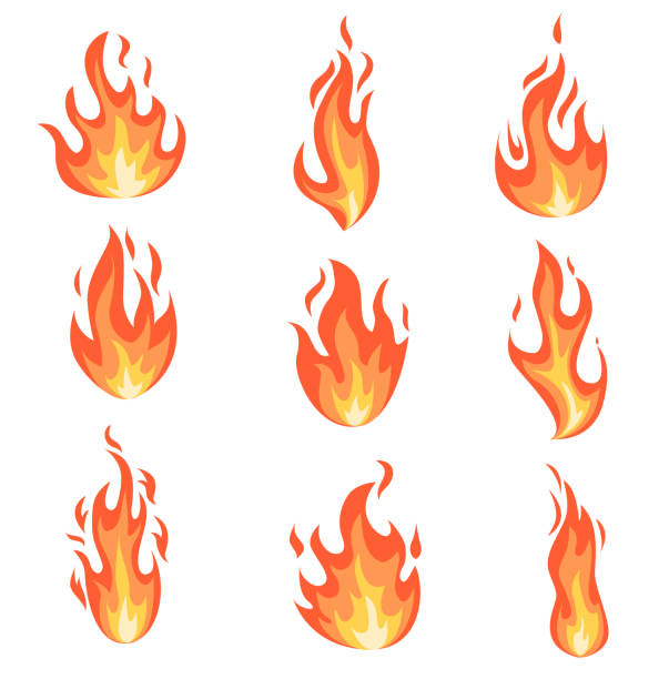 Set fire flames. Set of fire flames. Collection of yellow, red and orange hot flaming element. Group of isolated cartoon style templates for game design, web, advertise, animation. Vector illustration. flame illustrations stock illustrations