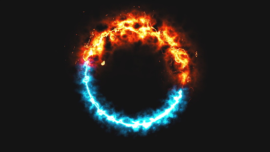 Bright dymanic fire and ice ring in space, this is opposite symbol, 3d rendering, computer generated background