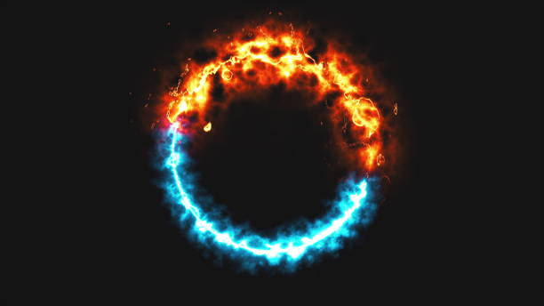 bright dymanic fire and ice ring in space, this is opposite symbol, 3d render, computer generated background - blue plasma flash imagens e fotografias de stock