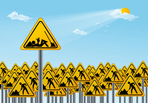 Road Workers Signs-Laziness A group of road signs with road worker. One of the workers is slacking. Can be used Laziness, and Slacking concepts. (Used clipping mask.) lazy construction laborer stock illustrations