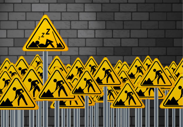 Road Workers Signs-Laziness A group of road signs with road worker. One of the workers is lying down and sleeping. (Used clipping mask.) lazy construction laborer stock illustrations