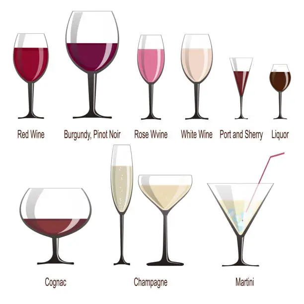Vector illustration of a set of glasses of different shapes with a variety of wines and light alcoholic beverages. Names for proper serving