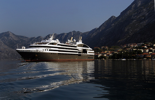 Small cruise ship, (L´Austral of company Ponant), at anchor on the Croatian coast, 2014