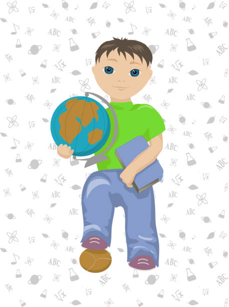 istock A cheerful boy, a schoolboy or student is going to school. Carries a globe and a book in his hand, a ball under his foot 1168052606