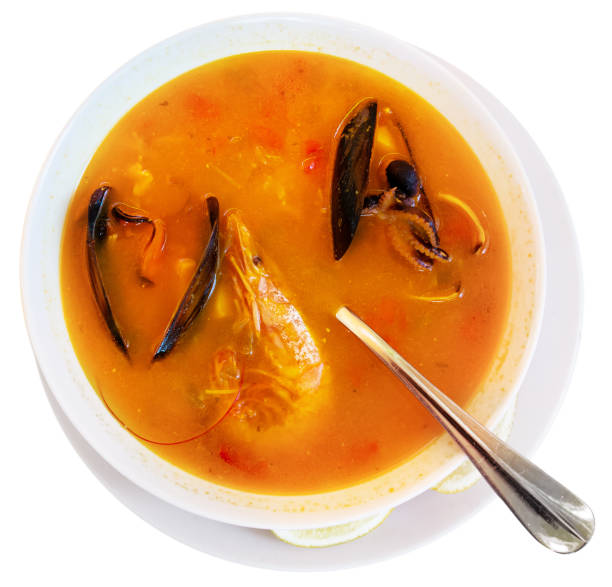 istock Hot seafood soup with  prawns, mussels and vegetables served 1168052983