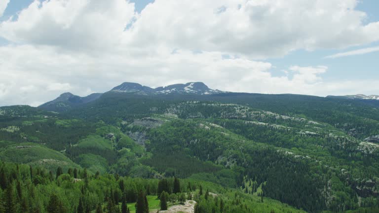 Aerial Drone Shot of the San Juan Mountains in Colorado as Seen from Red Mountain Pass (Million Dollar Highway/US 550) through the Rocky Mountains in Summer on a Partly Cloudy Day