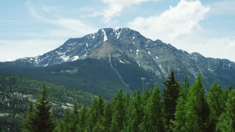 Shot from a Moving Vehicle of the San Juan Mountains in Colorado as Seen from Red Mountain Pass (Million Dollar Highway/US 550) through the Rocky Mountains in Summer on a Partly Cloudy Day