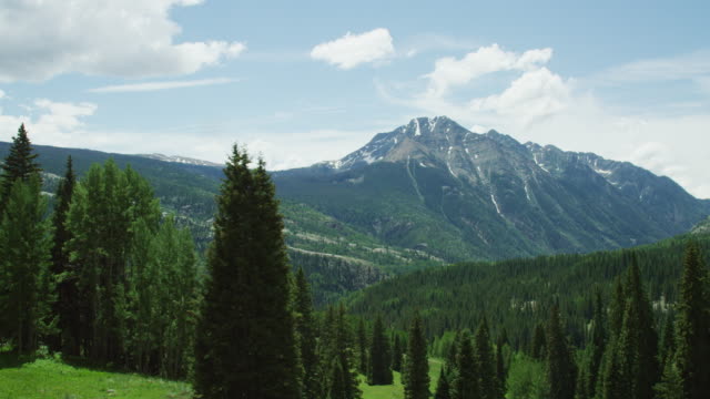 Shot from a Moving Vehicle of the San Juan Mountains in Colorado as Seen from Red Mountain Pass (Million Dollar Highway/US 550) through the Rocky Mountains in Summer on a Partly Cloudy Day
