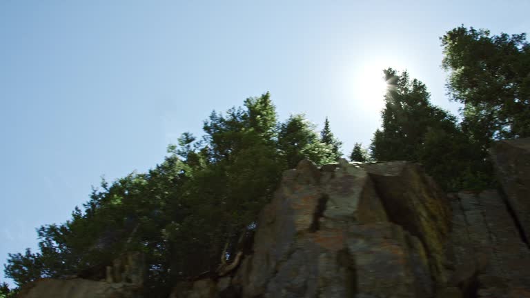 A Straight Up View of the Forest and Rocky Cliffs of the San Juan Mountains as Seen from a Moving Vehicle of the San Juan Mountains in Colorado on Red Mountain Pass (Million Dollar Highway/US 550) through the Rocky Mountains on a Sunny Day